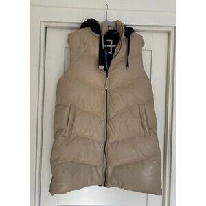 Mauritius Gina Leather Puffer Hooded Vest, Cream Women Size XL